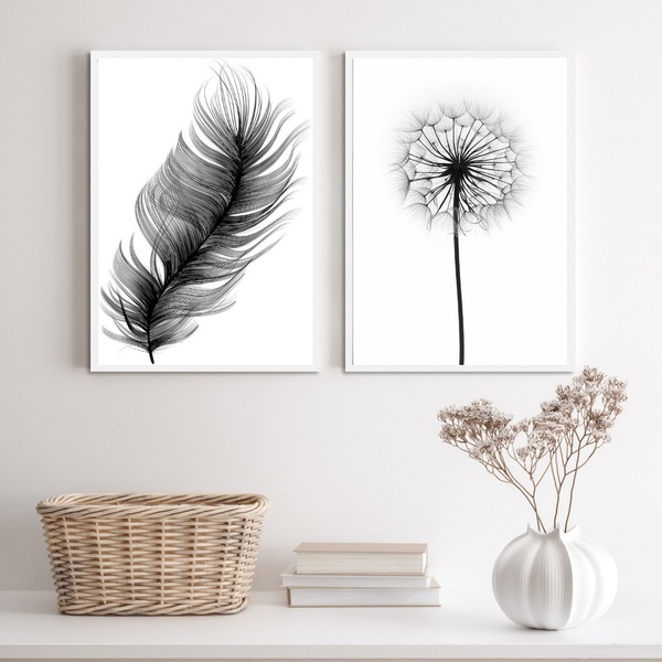 Kit 2 Quadros Minimalistas Modernos Pena e flor 45x34cm - Com