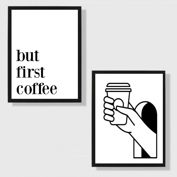 Kit 2 Quadros Minimalistas Temáticos Café 33x24cm Moldura Pre