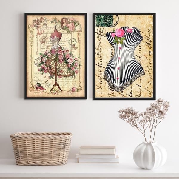 Kit 2 Quadros Moda Vintage- Vestido E Espartilho 33x24cm - Co