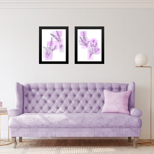 Kit 2 Quadros Modernos Arte Lavanda 33x24cm - Com Vidro Moldu