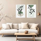 Kit 2 Quadros Modernos Boho Verde Folha 45x34cm - Com Vidro M