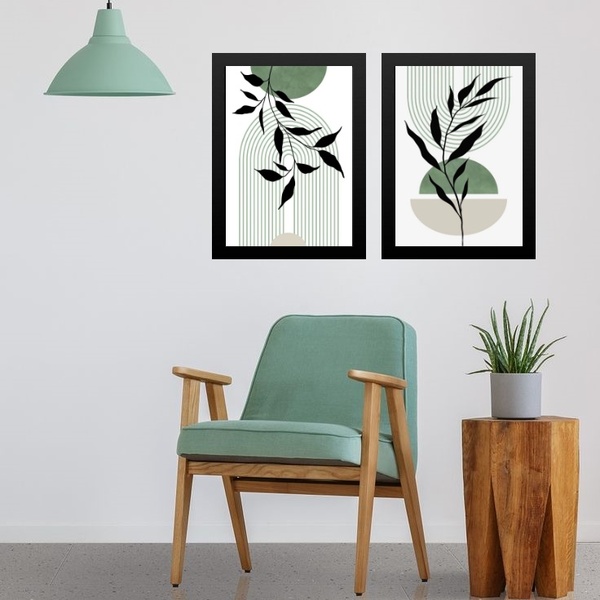 Kit 2 Quadros Modernos Boho Verde Folha 45x34cm Moldura:madei