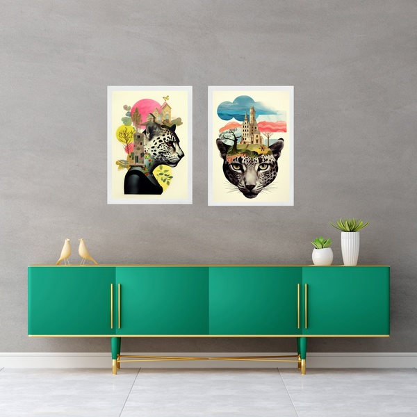 Kit 2 Quadros Modernos Colagens Onças 24x18cm - Com Vidro Mol