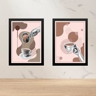 Kit 2 Quadros Modernos Cozinha Café Rosa 33x24cm Moldura Bran