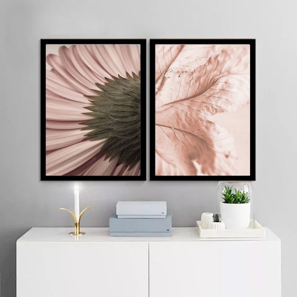 Kit 2 Quadros Modernos Flor E Folha Rosê 33x24cm - Com Vidro