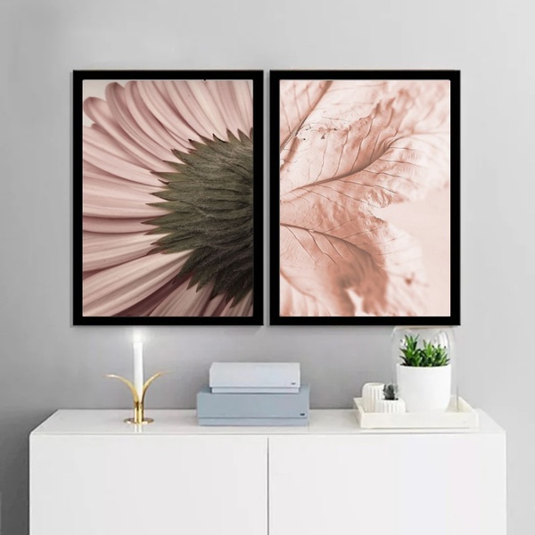 Kit 2 Quadros Modernos Flor E Folha Rosê 45x34cm Moldura Preta