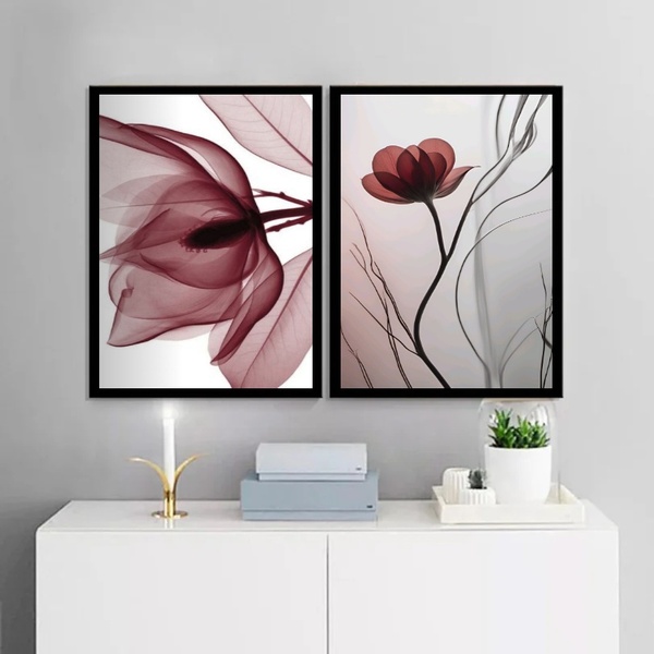 Kit 2 Quadros Modernos Florais Cinza E Bordô 24x18cm Moldura