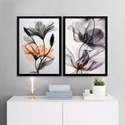 Kit 2 Quadros Modernos Florais Cinza E Laranja 24x18cm - Com