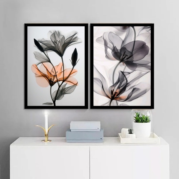Kit 2 Quadros Modernos Florais Cinza E Laranja 45x34cm - Com