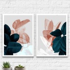 Kit 2 Quadros Modernos Folhas Coloridas 33x24cm - Com Vidro M