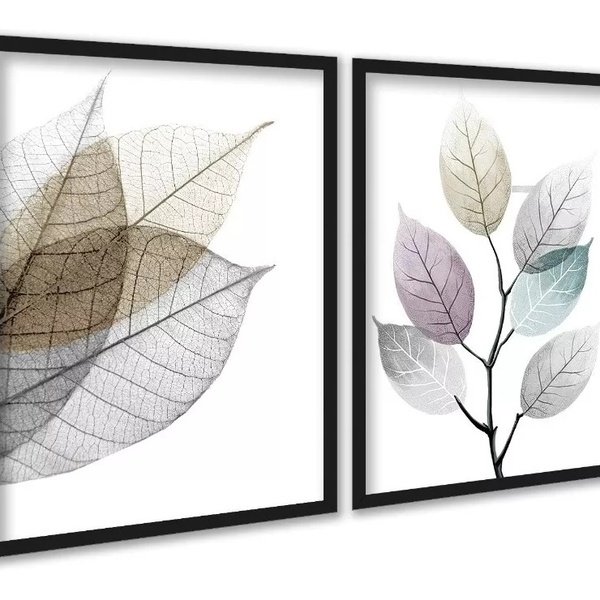 Kit 2 Quadros Modernos Folhas Transparentes 45x34cm - Com Vid