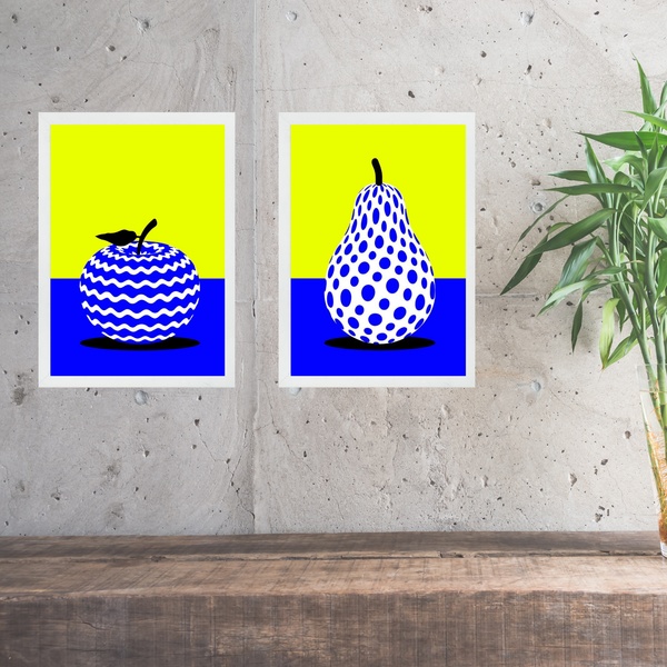 Kit 2 Quadros Modernos Para Cozinha - Frutas 33x24cm - Com Vi