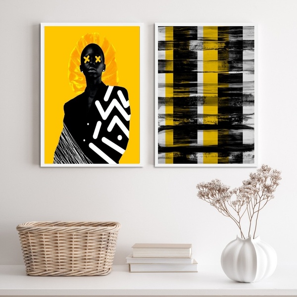 Kit 2 Quadros Modernos Preto E Amarelo Mulher abstrato 33x24c