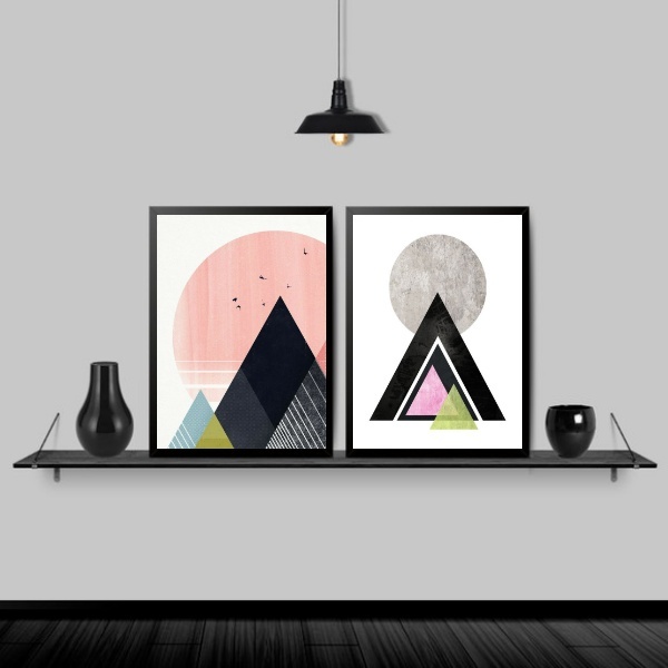 Kit 2 Quadros Modernos Triângulos Coloridos 24x18cm Moldura:m