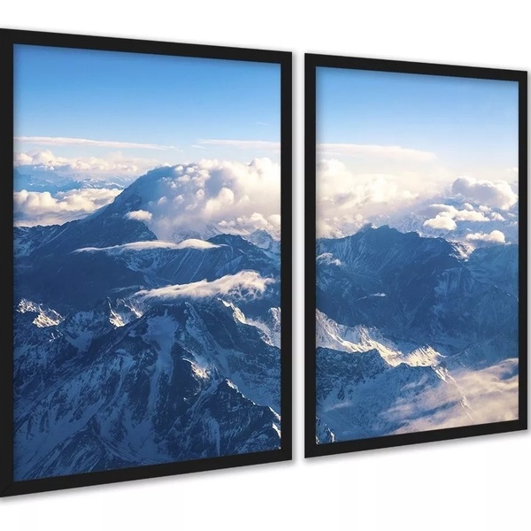 Kit 2 Quadros Montanha Neve Vista Aérea 33x24cm - Com Vidro M