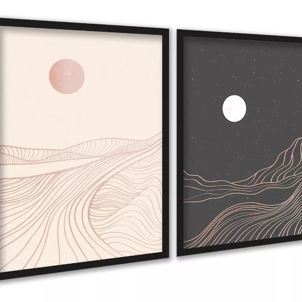 Kit 2 Quadros Montanhas Rosa Cinza Abstrato 24x18cm Moldura P