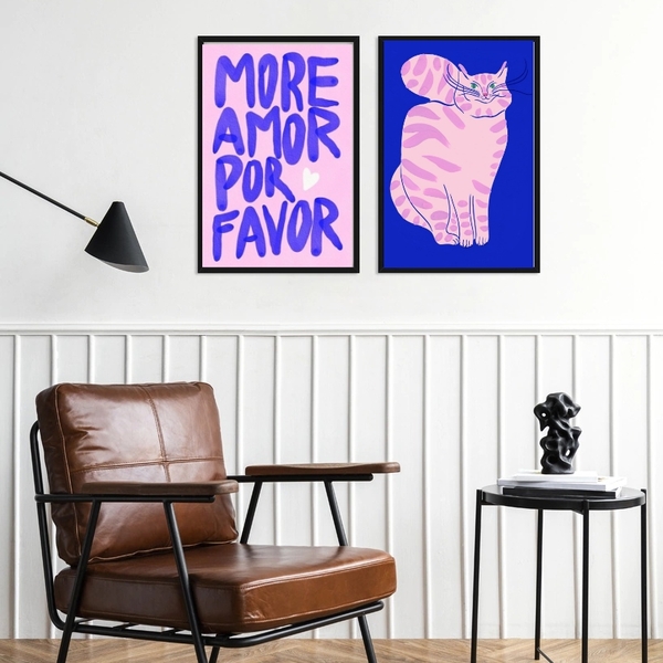 Kit 2 Quadros More Amor - Gato 45x34cm Moldura Branca