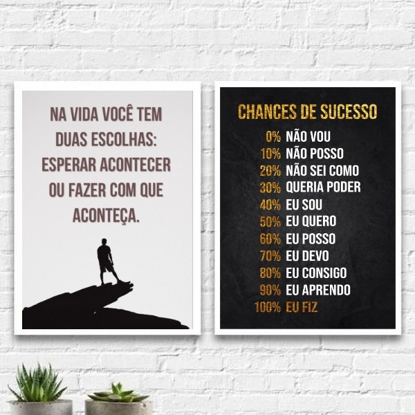 Kit 2 Quadros Motivacionais Faça Acontecer 45x34cm - Com Vidr