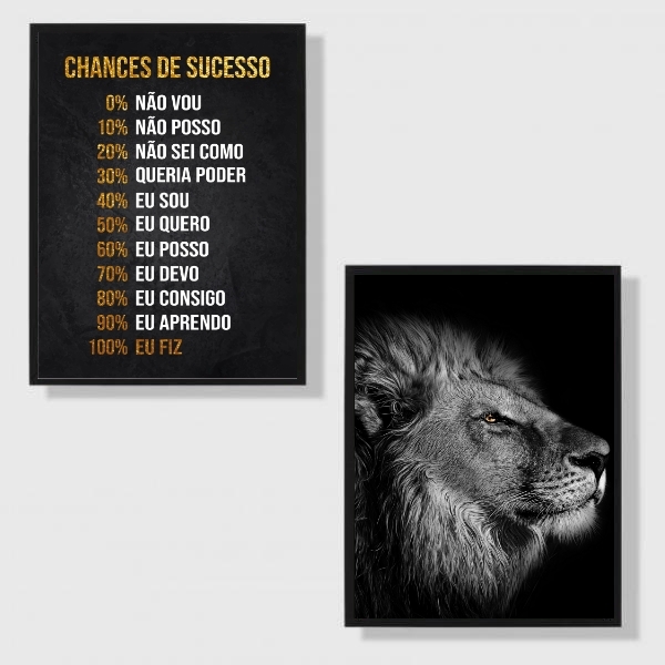 Kit 2 Quadros Motivacionais Leão sucesso 33x24cm - Com Vidro