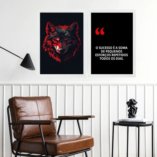 Kit 2 Quadros Motivacionais Sucesso - Lobo 45x34cm - Com Vidr