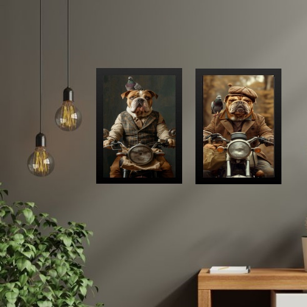 Kit 2 Quadros Motociclistas - Cães 33x24cm - Com Vidro Moldur
