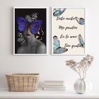 Kit 2 Quadros Mulher Borboleta Azul Hooponopono 45x34cm - Com