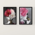 Kit 2 Quadros Mulher E Flores Rosas Com dourado 24x18cm Moldu