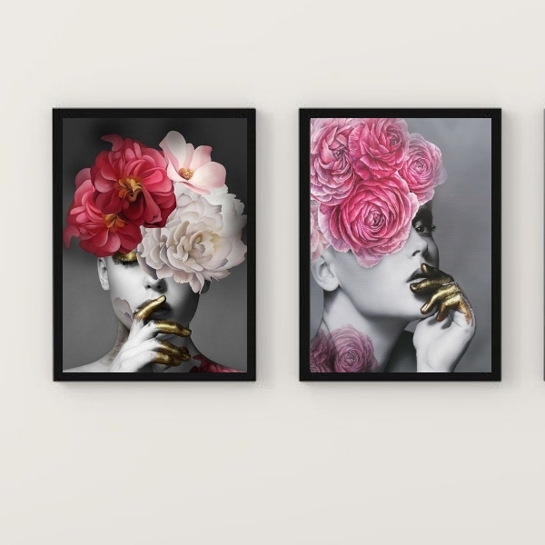 Kit 2 Quadros Mulher E Flores Rosas Com dourado 33x24cm - Com