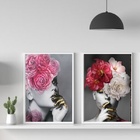 Kit 2 Quadros Mulher E Flores Rosas Com dourado 45x34cm Moldu