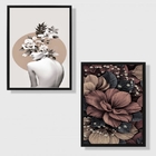 Kit 2 Quadros Mulher Flores Marrons 45x34cm Moldura:madeira B