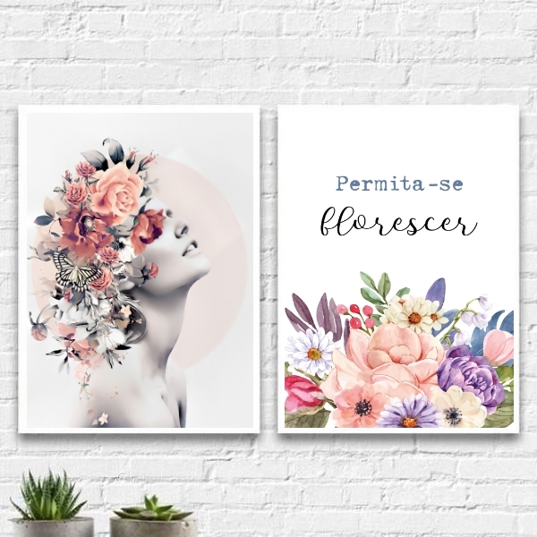 Kit 2 Quadros Mulher Permita-se Florescer 45x34cm - Com Vidro