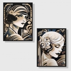 Kit 2 Quadros Mulheres Art Deco 45x34cm - Com Vidro Moldura:m