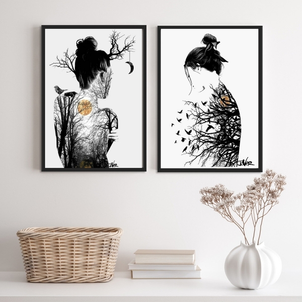 Kit 2 Quadros Mulheres Árvores Pássaros lua 45x34cm - Com Vid