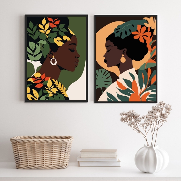 Kit 2 Quadros Mulheres Black African woman 45x34cm Moldura:ma