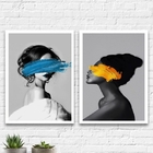Kit 2 Quadros Mulheres Com Tinta Azul E Amarelo 33x24cm - Com