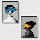 Kit 2 Quadros Mulheres Com Tinta Azul E Amarelo 33x24cm - Com