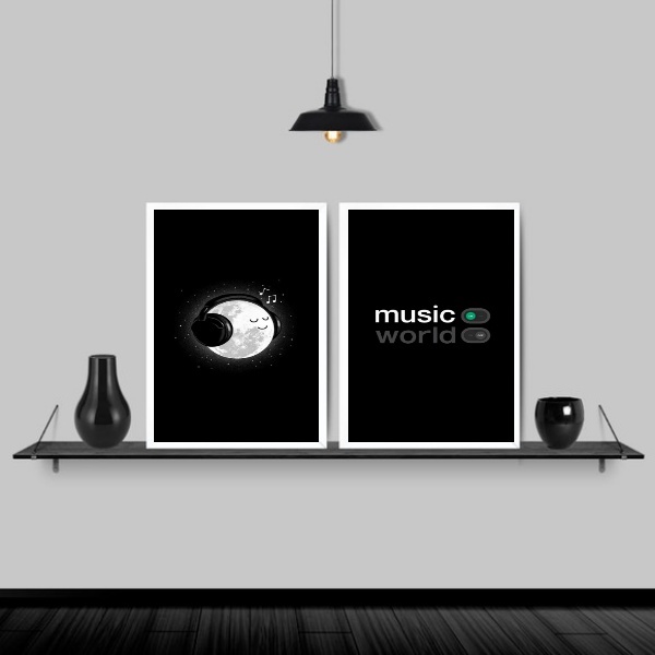 Kit 2 Quadros Music On World Off 45x34cm Moldura:madeira Bran