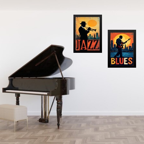 Kit 2 Quadros Músicos Jazz E Blues 45x34cm - Com Vidro Moldur