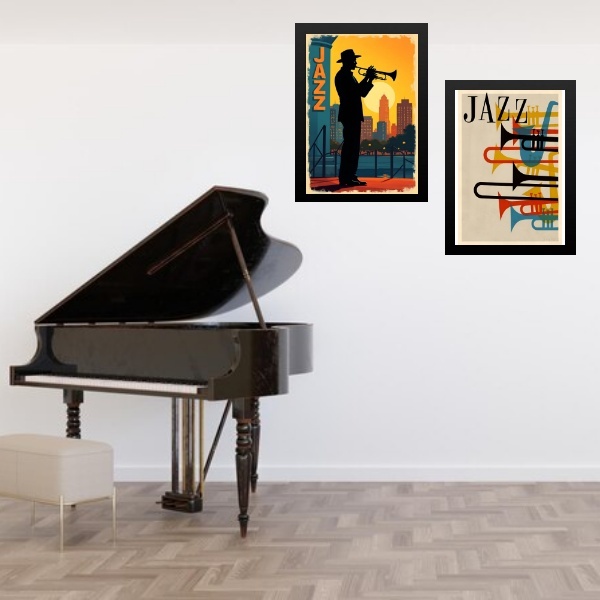 Kit 2 Quadros Músicos Jazz - Trompete 24x18cm Moldura Preta
