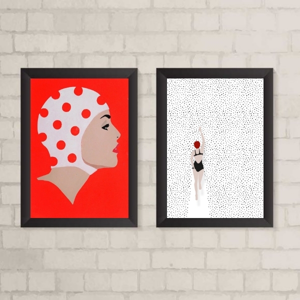 Kit 2 Quadros Natação Nadadora Poá 24x18cm - Com Vidro Moldur