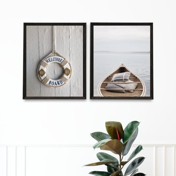 Kit 2 Quadros Nauticos Praia - Welcome 33x24cm Moldura:madeir