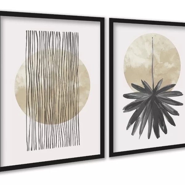 Kit 2 Quadros Neutros Bege Linhas Folha Aquarela 33x24cm Mold