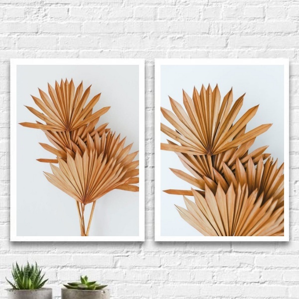 Kit 2 Quadros Neutros Folhas Leque 33x24cm - Com Vidro Moldur