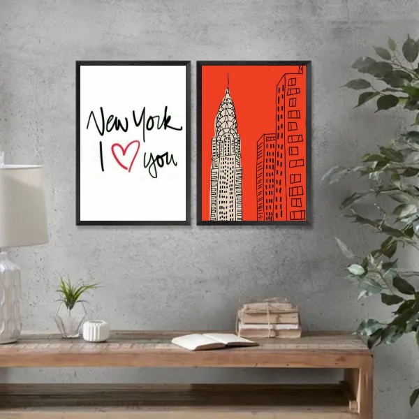 Kit 2 Quadros New York I Love You 24x18cm - Com Vidro Moldura