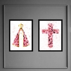 Kit 2 Quadros Nossa Senhora E Cruz Flores 33x24cm - Com Vidro