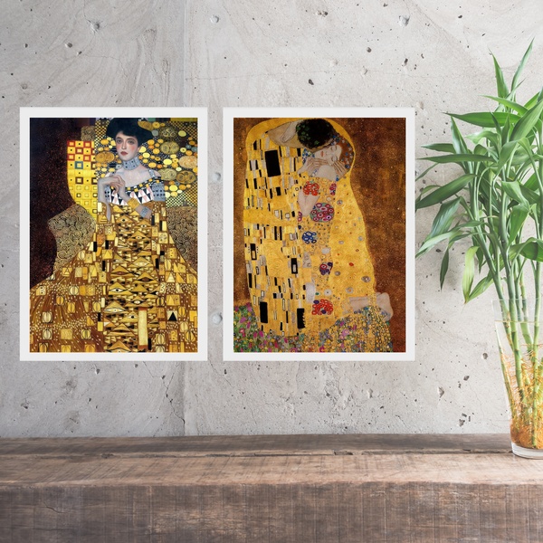 Kit 2 Quadros Obras Clássicas De Gustav Klimt 24x18cm Moldura