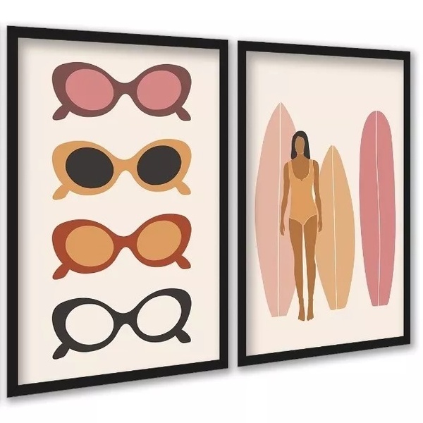 Kit 2 Quadros Óculos De Sol E Prancha De Surf 45x34cm - Com V