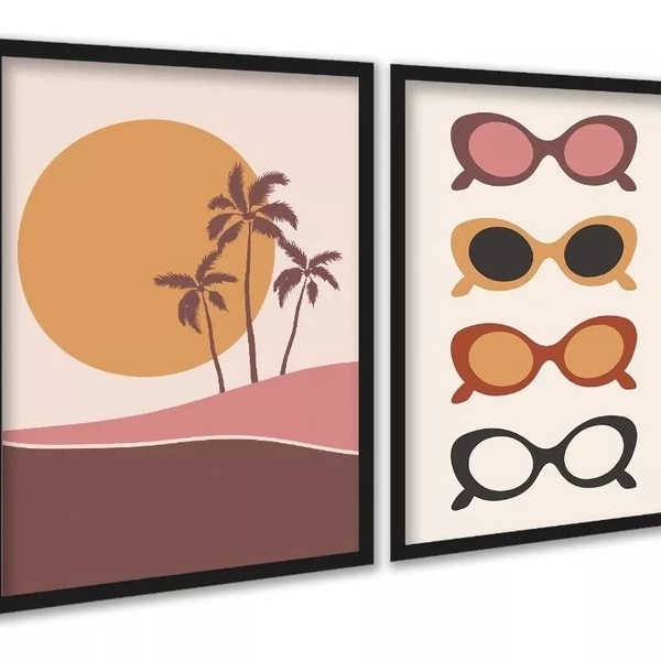 Kit 2 Quadros Óculos De Sol - Praia 24x18cm Moldura Branca