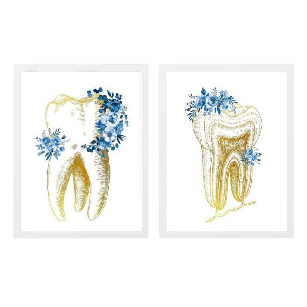 Kit 2 Quadros Odontologia Dentes Floral 24x18cm Moldura:madei