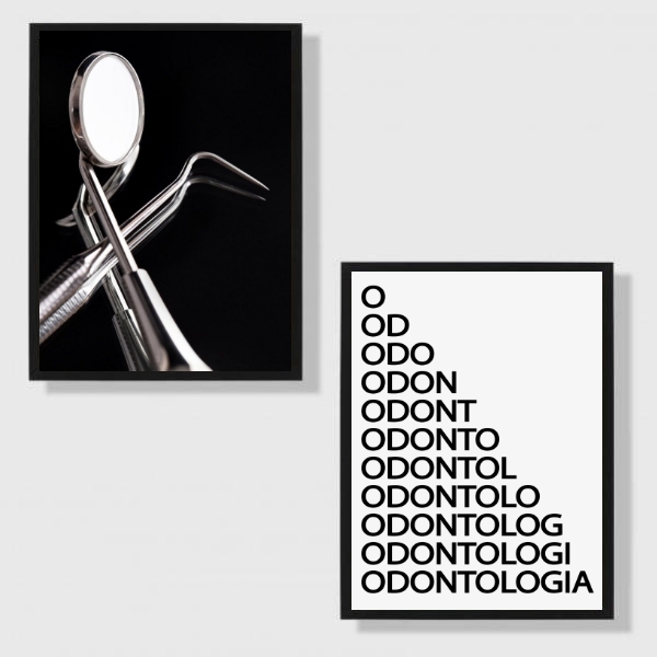 Kit 2 Quadros Odontologia Instrumentos 33x24cm Moldura:madeir
